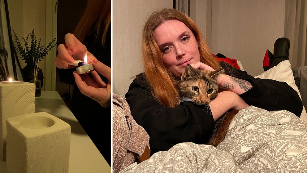 En delad bild som visar två sektioner. Den vänstra sektionen visar en hand som tänder en liten ljuslykta på ett bord, bredvid en grön växt i en kruka. Den högra sektionen visar en person som håller en katt i famnen, insvept i en mjuk filt. Rummet har en varm och mysig atmosfär.