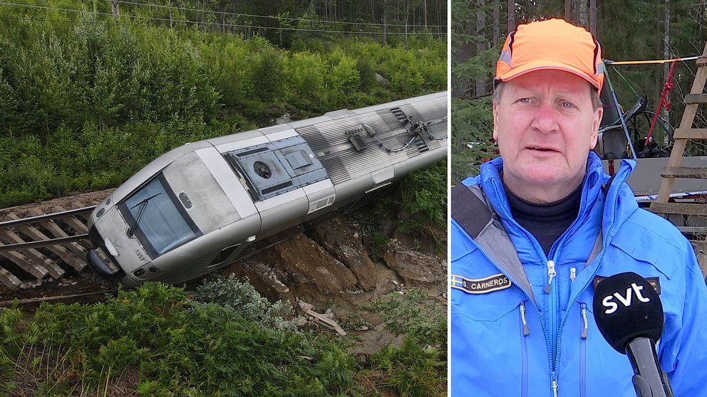 Två bilder, urspårade SJ-tåget samt Stefan Carneros.