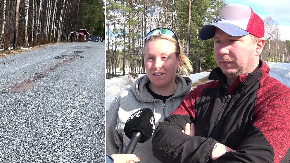 Dubbelbild: Väg med sprickor i till vänster. På högersida ett par som blir intervjuade av SVT.
