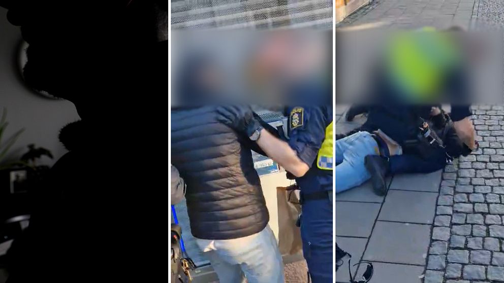 Man i skuggor som brottas ned av polis