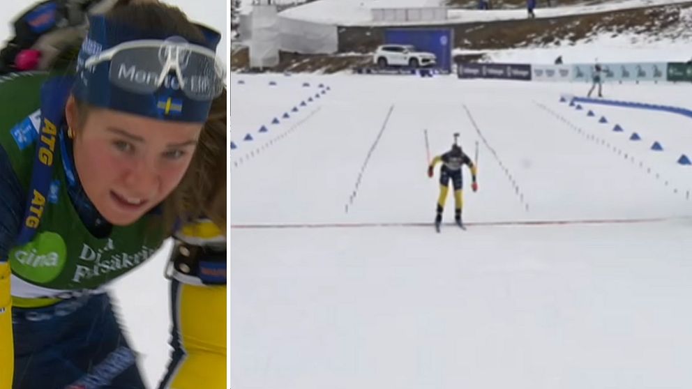 Delad bild. Vänster: skidåkare i grön och gul dräkt. Höger: skidåkare på snötäckt spår.