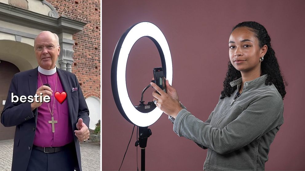 En delad bild med två sektioner. Till vänster syns en man i en formell klädsel med en korshalsband, som gestikulerar framför en historisk byggnad. Texten ”bestie❤️” finns i bildens nedre vänstra hörn. Till höger står en kvinna, som håller en smartphone framför en ringljus, med en neutral bakgrund.