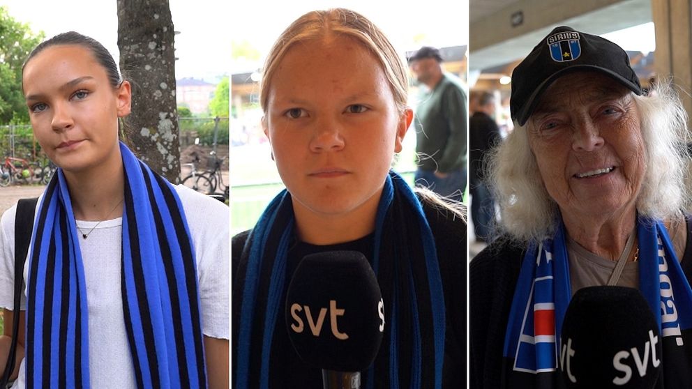 Tre fotbollssupportrar i olika åldrar: Lilly, Linnea Bromark och Ulla Milton.