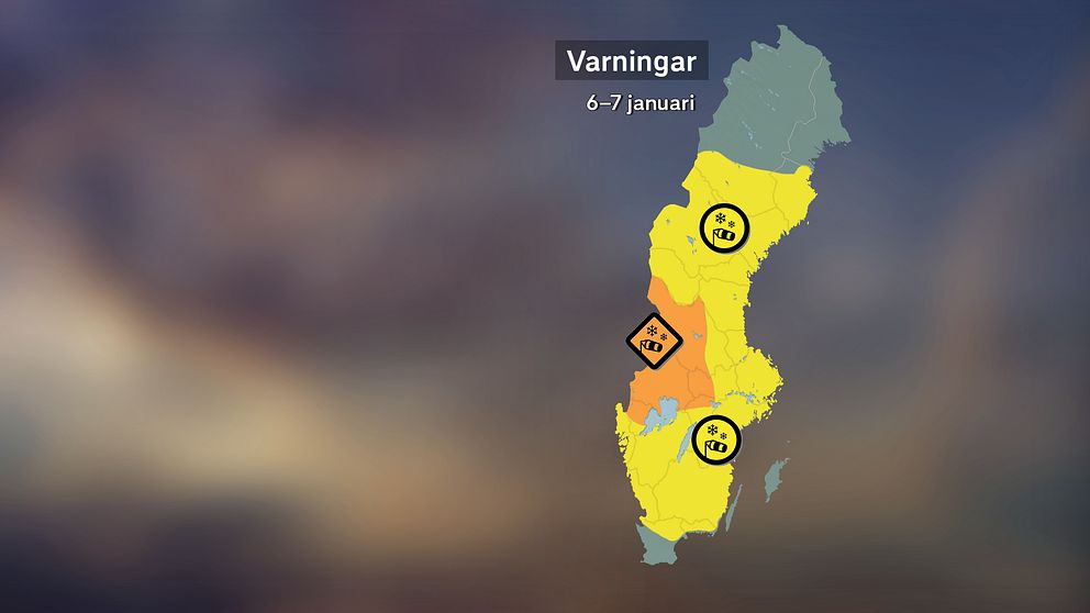 Vädervarningar för 6 och 7 januari. Den 7 januari slutar vissa gula varningar att gälla i södra Sverige.