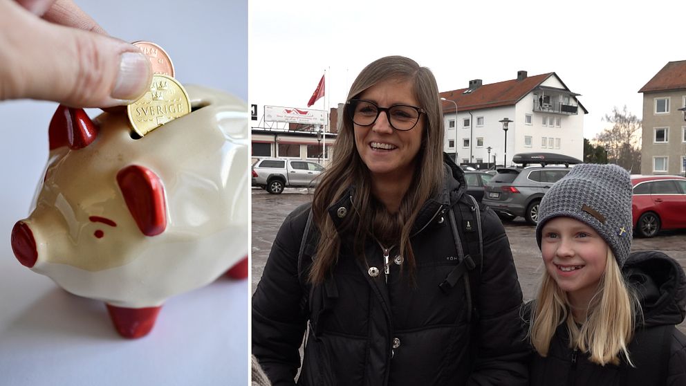 Den vänstra delen visar en hand som lägger en peng i en spargris, medan den högra delen visar två glada personer på en parkeringsplats.