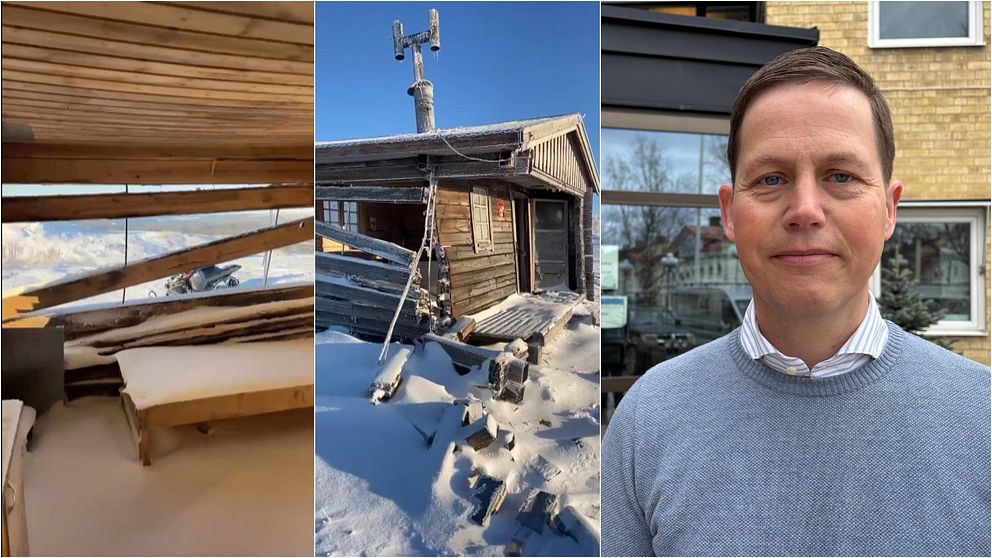 Tredelad bild. Vänster: snötäckt inomhusmiljö. Mitten: raserade vindskyddet på Lillfjället. Höger: person utanför tegelbyggnad.