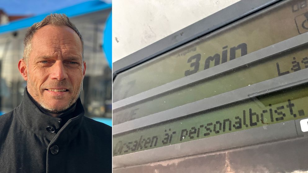 Lars Backström, vd Västtrafik, skylt som visar inställda turer på grund av personalbrist