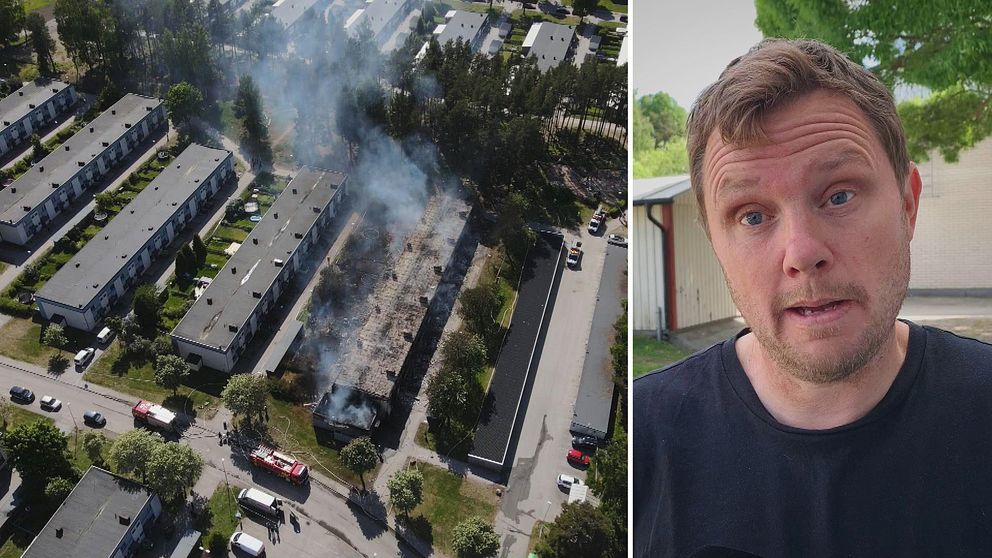 Två bilder: Vy över branden samt Gavlegårdarnas Markus Strömbergsson.