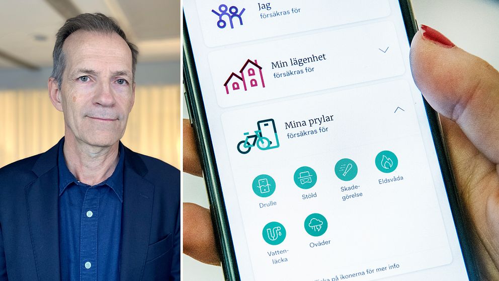 En delad bild där vänstra sektionen visar en person i en kostym framför en ljus bakgrund, medan högra sektionen visar en hand som håller en smartphone med en försäkringsapp öppen. Appen listar försäkringsalternativ för individuella behov som ”Jag”, ”Min lägenhet” och ”Mina prylar” med tillhörande ikoner.