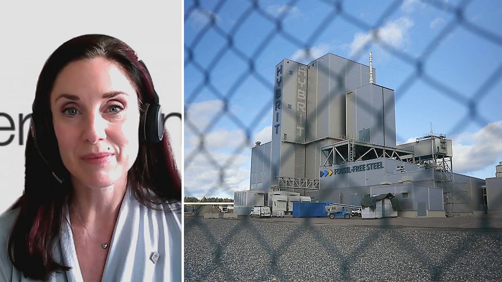 Till vänster fackförbundet Sveriges Ingenjörers ordförande Ulrika Lindstrand. Till höger bild på Hybrit i Luleå.