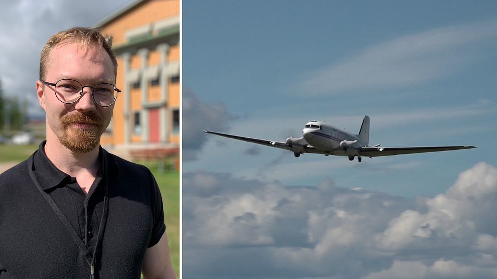 Geofysikern Ahti Voutilainen till vänster och en DC-3 till höger