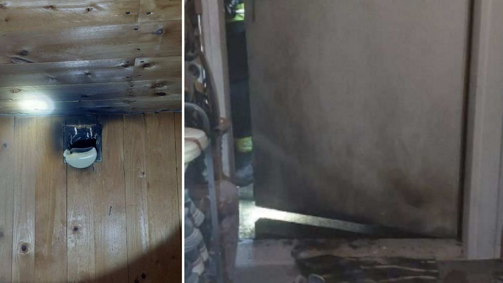 Delad bild: Första sektionen visar en brandskadad ventilation mot en träpanel, belyst av en ficklampa. Andra sektionen visar en sotig dörr med ljus som skiner in från botten.