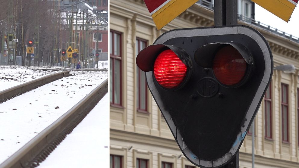 En bild på ett järnvägsspår och en plankorsning till vänster och en närbild på ett stoppljus som lyser rött vid en plankorsning i Sundsvall