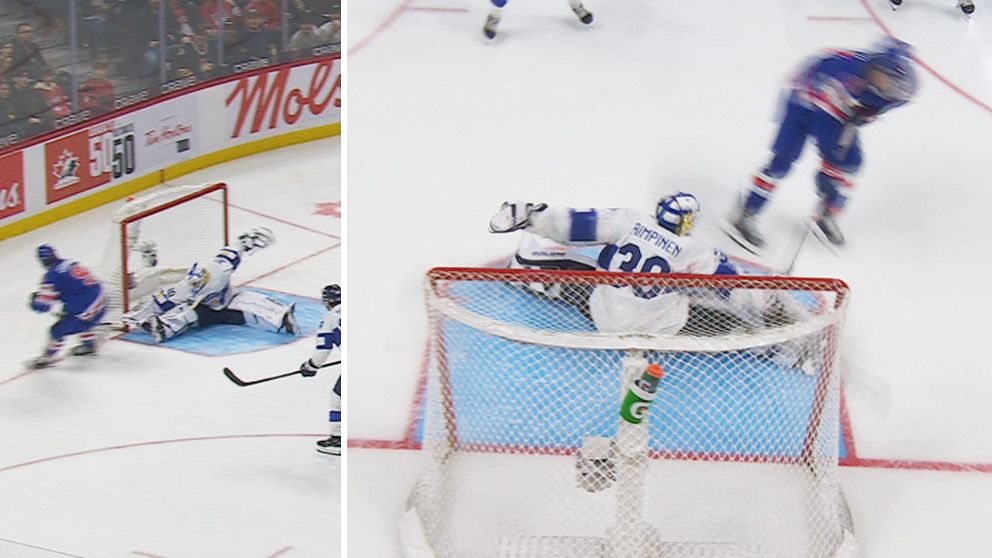 Left section: A hockey player in blue is shooting the puck towards the goal, while the Finnish goalkeeper in white is diving to make a save. Right section: The Finnish goalkeeper is in mid-air, attempting to block a shot, as a player in blue skates past.