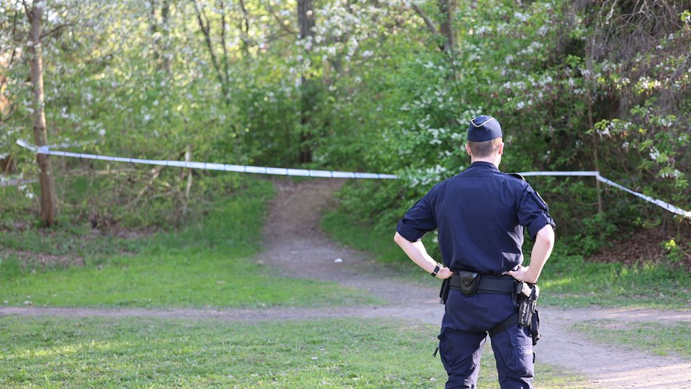 En polis står med ryggen mot kameran och tittar in på en skogsdunge