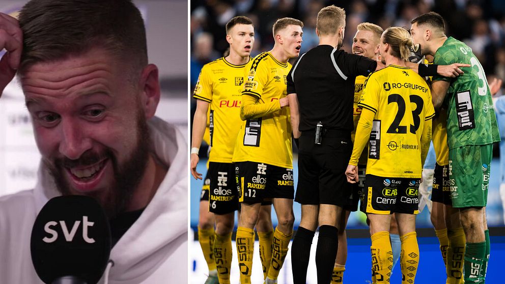 Malmö FF:s lagkapten Pontus Jansson och Elfsborg-spelare runt domaren.