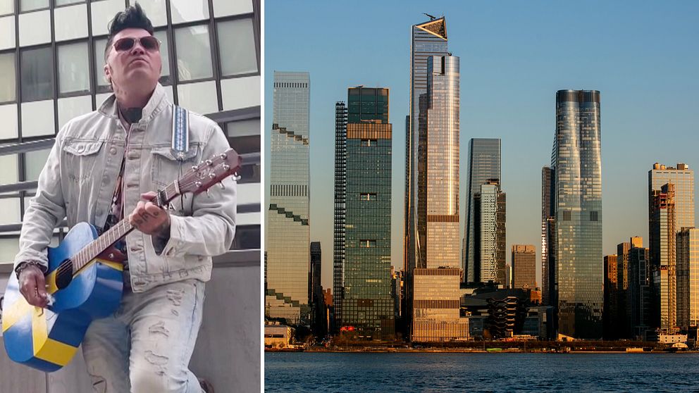 Artisten Brolle spelar på en blågul gitarr samt vy över Manhattans skyline.