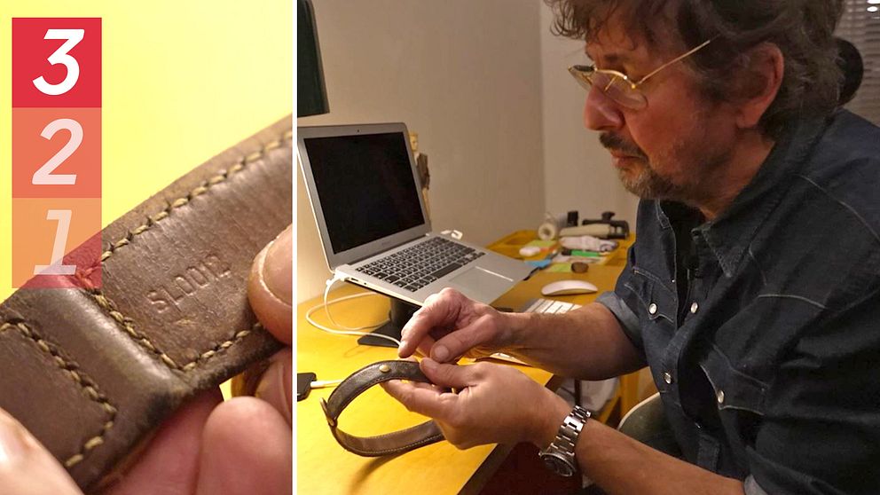 Nära bild på ett hundhalsband med datummärkning. Dennis Dahlqvist sitter vid ett bord och pekar mot halsbandet.