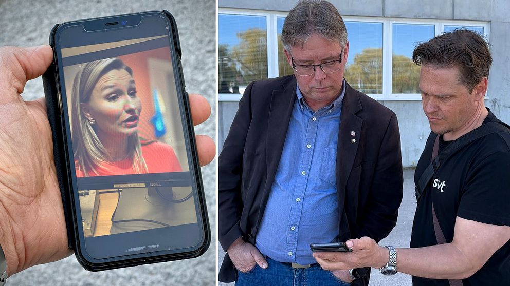 Hudiksvalls kommunalråd Mikael Löthstam (S) tittar på ett mobilklipp på näringsministern Ebba Busch., tillsammans med reporter från SVT