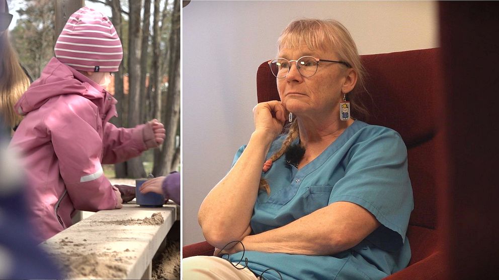Delad bild. Till vänster: barn i rosa jacka utomhus. Till höger: person i vårdkläder inomhus.