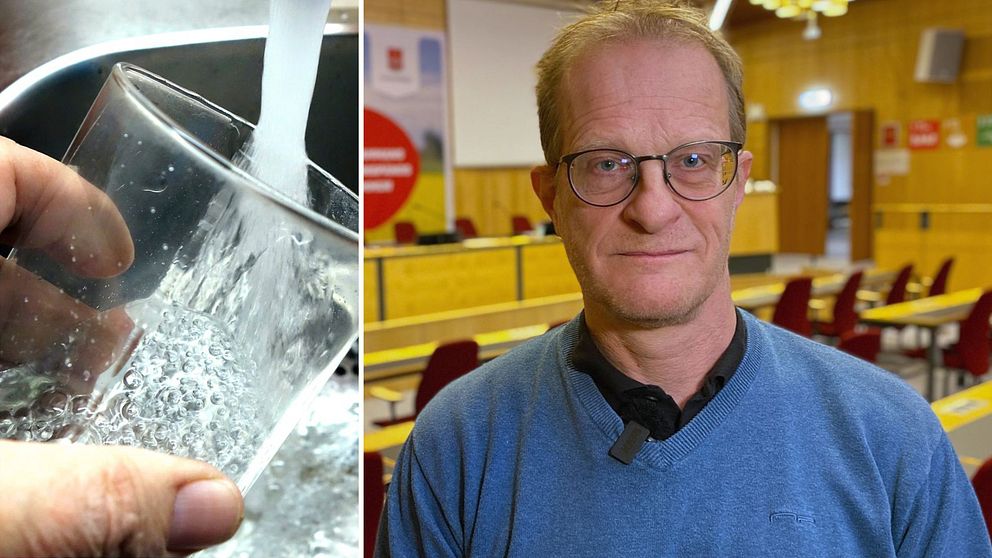 Till vänster syns en hand som häller vatten i ett glas, med bubblor som bildas i glaset. Till höger ser vi en man som står framför en tom konferenssal med stolar i rad.