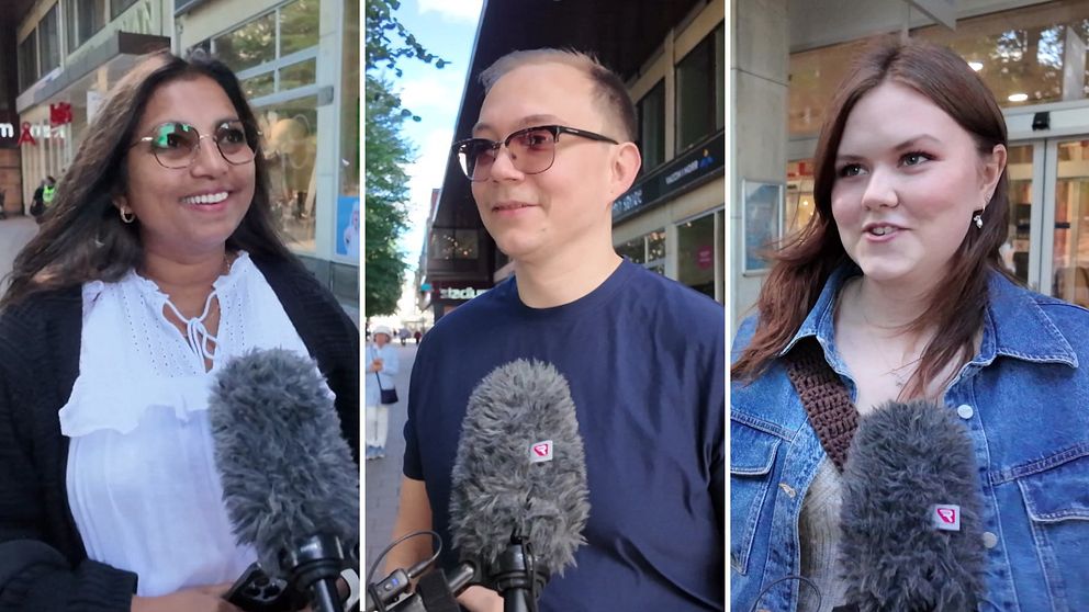 Kvinna och man med glasögon och kvinna med jeansjacka blir intervjuade.