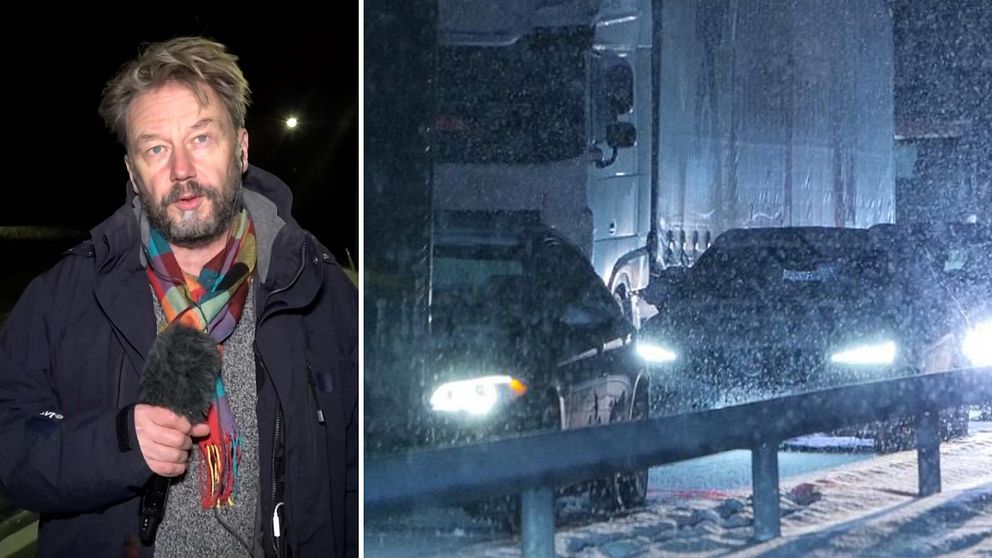 En delad bild med två sektioner: till vänster syns en person som intervjuar om väderförhållandena, klädd i en mörk jacka med en färgglad halsduk. Till höger visas ett vinterväglag där bilar, inklusive en lastbil, är delvis dolda av snöfall och rör sig på en belagd väg.