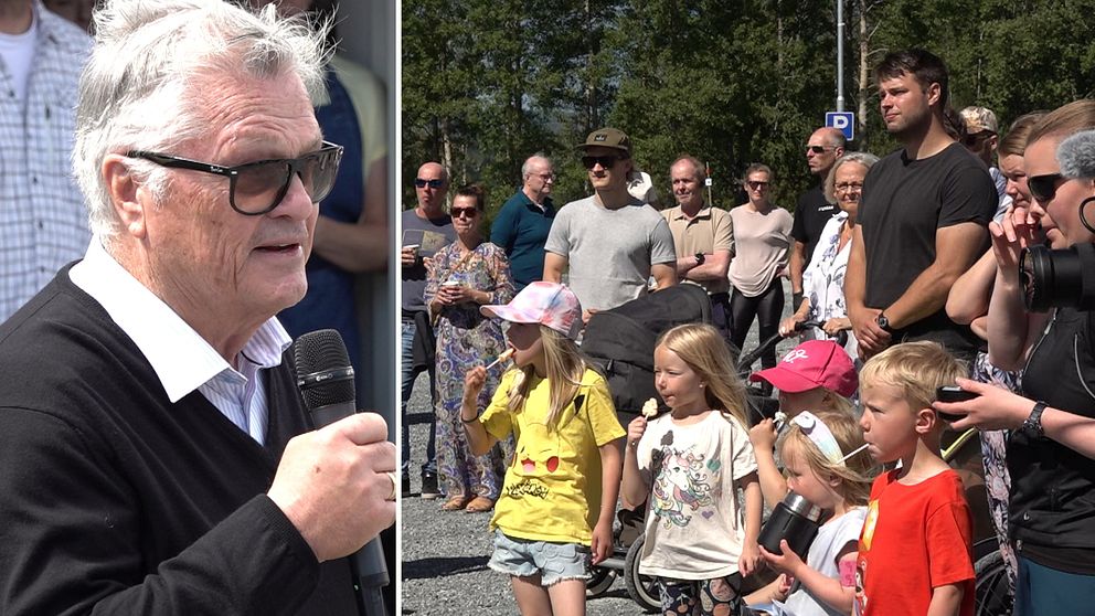 delad bild på dels en äldre man i solglasögon och dels publik