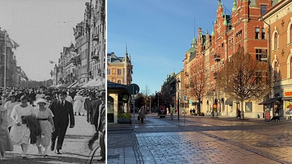 En delad bild som visar två bilder på Sundsvalls stenstad. Till vänster syns en svartvit historisk bild med många människor som promenerar, klädda i tidstypiska kläder från tidigt 1900-tal. Till höger visas en nutida bild av samma gata, där solens strålar belyser moderna byggnader och en lugn atmosfär på en halvmånskad gata med få personer.