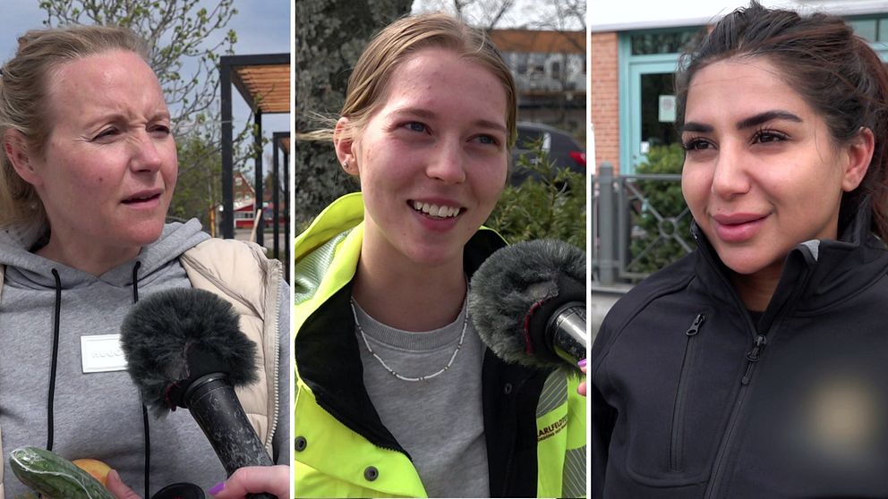 Tre kvinnor med uppsatt hår ler och svarar på frågor i mikrofon.