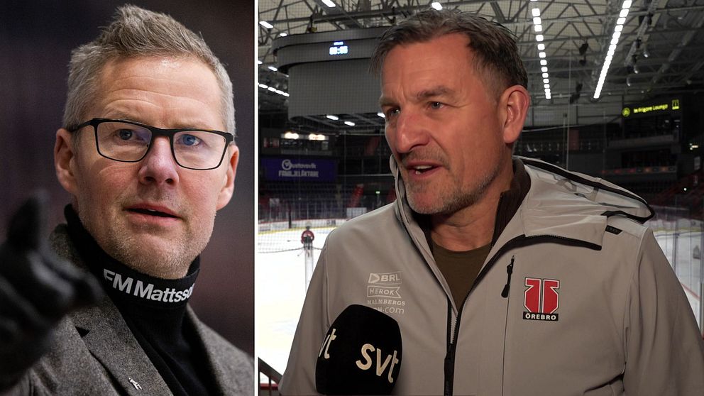 Till vänster syns Johan Hedberg i kort hår, glasögon pekandes mot bilden. till höger står Stefan Bengtzén, general manager för Örebro hockey.