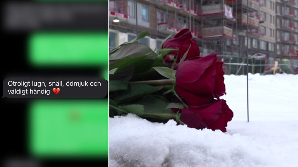 Sms från omkomne Antons mamma där hon skriver ”Otroligt lugn snäll, ödmjuk och väldigt händig”. Samt en ros som tidigare har lämnats på olycksplatsen