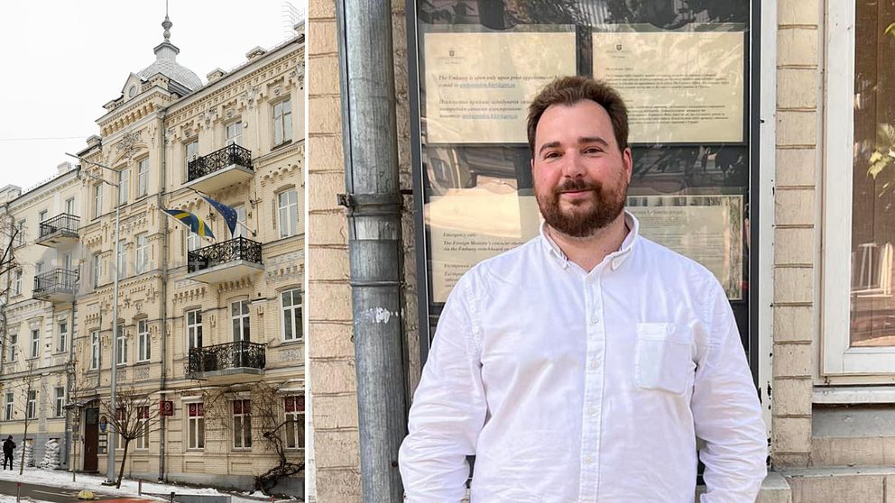 Leo Pierini, man klädd i skjorta, står framför Sveriges ambassad i Kiev.