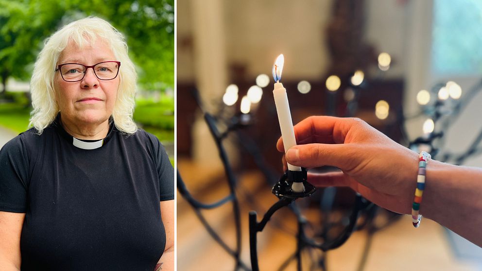 Kyrkoherde och hand som tänder ljus