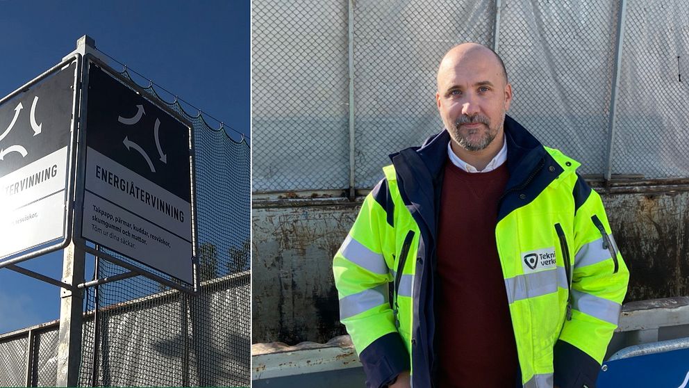 Bildens vänstra del visar en skylt som anger ”Energiåtervinning,” med en tydlig blå himmel i bakgrunden. Till höger står Johan Borg klädd i en reflekterande jacka i gul och blå. Bakgrunden är en container.