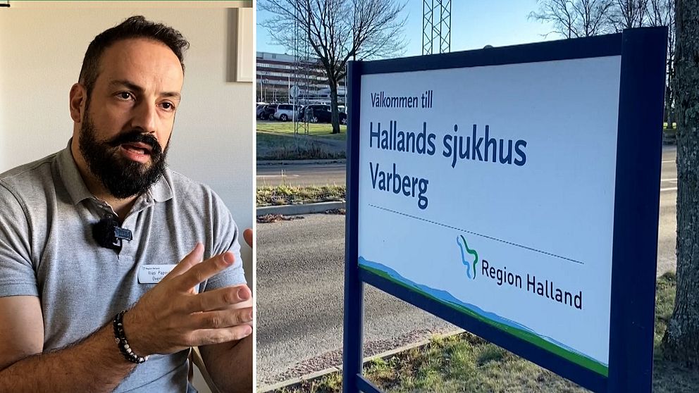 Överläkare Ilias Papoulias syns bredvid en skylt för Hallands sjukhus i Varberg