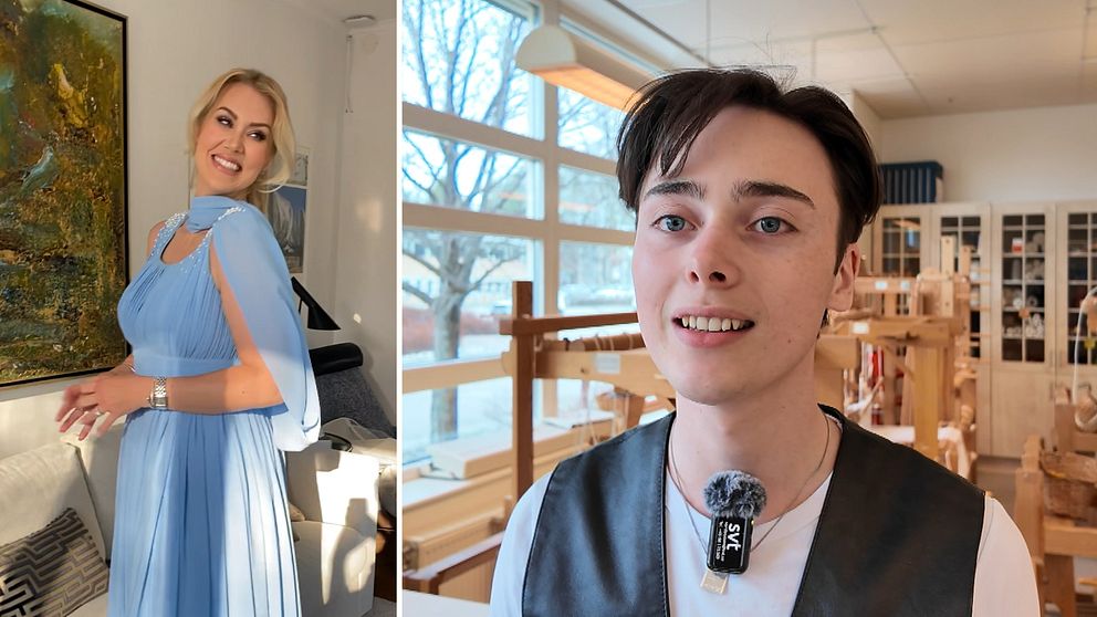 Delad bild. Till vänster: kvinna i blå klänning. Till höger: person i väst i ljust rum.