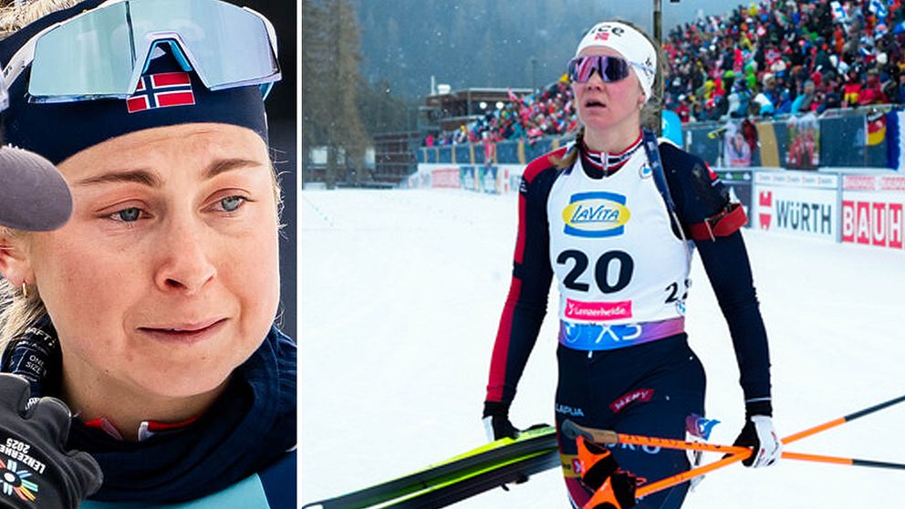 Bild delad i två sektioner: Till vänster ses en bild av en person med reflexväst som håller vinterkläder. Till höger är en skidåkare iklädd tävlingsdräkt och nummerlapp 20 som går med sina skidor efter ett lopp, med åskådare i bakgrunden.
