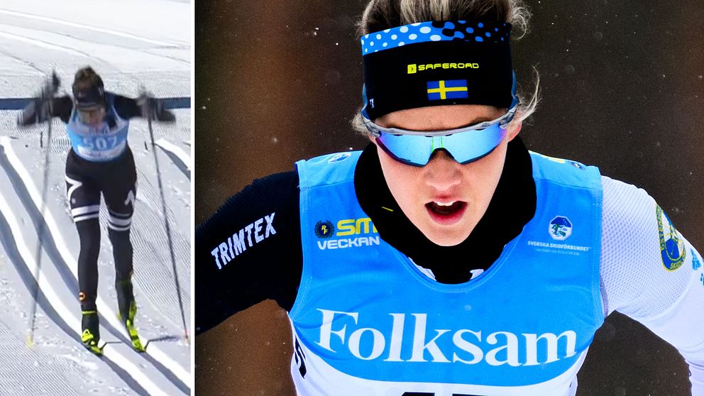 En delad bild som visar en kvinnlig skidåkare i två sektioner. Till vänster ses skidåkaren i rörelse på en snötäckt skidbana, och till höger är en närbild av skidåkaren klädd i en blå tävlingsdräkt med sponsorlogotyper.