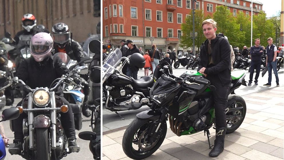 Delad bild. Vänster: motorcyklister med hjälm. Höger: person står bredvid sportmotorcykel.
