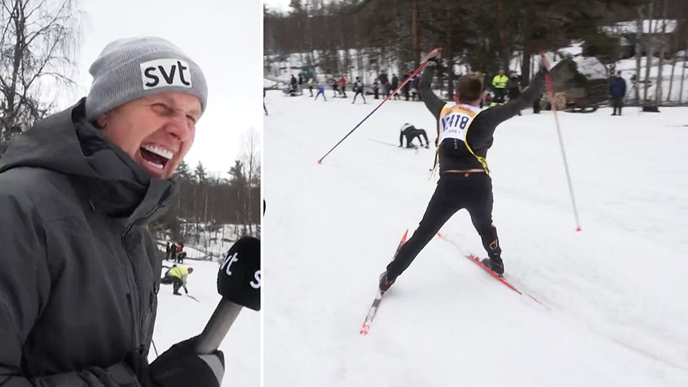 Tvådelad bild. Till vänster: person med mikrofon. Till höger: skidåkare i spåret.