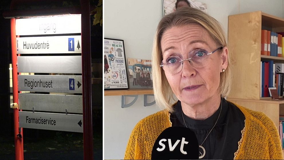Vårdförbundet Västmanlands ordförande Ingrid Edman och informationsskylt utanför regionhuset i Västerås