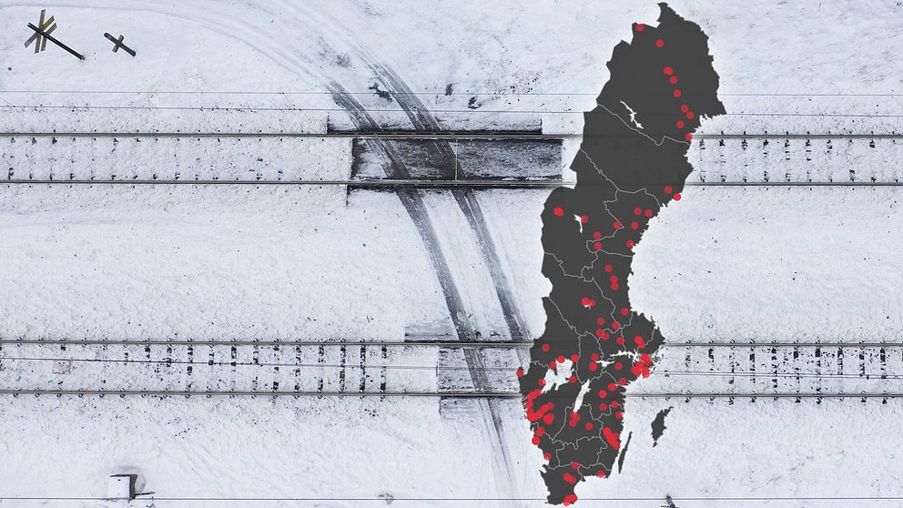 En bild på Sverige och där landets 111 farligaste järnvägsövergångar är utpekade