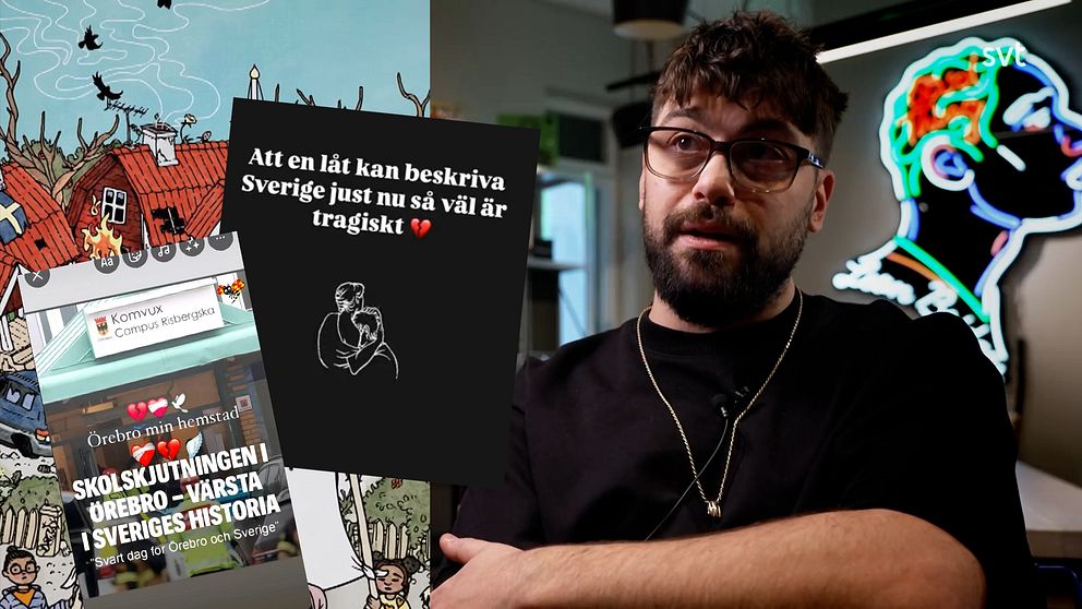 Artisten Simon Superti och ett kollage med reaktioner på hans låt ”Bullerbyn ör död”.