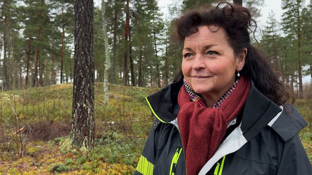 En person står i en skogsmiljö, klädd i en mörk jacka med ljusa detaljer och en röd halsduk. Skogen består av höga tallar och marken är täckt av mossa och låg vegetation.
