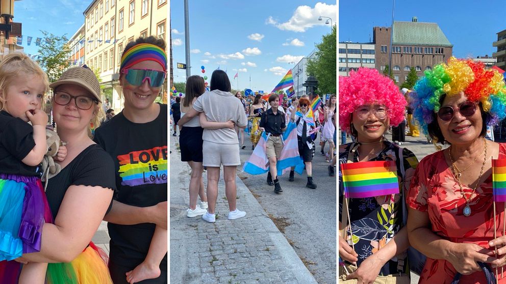 Delad bild. Flera olika personer firar Pride i Eskilstuna med färgglada peruker och flaggor.