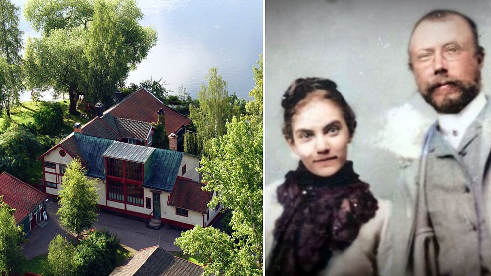 En bild från ovan av Lilla Hyttnäs i Sundborn och en porträttbild av Karin och Carl Larsson.