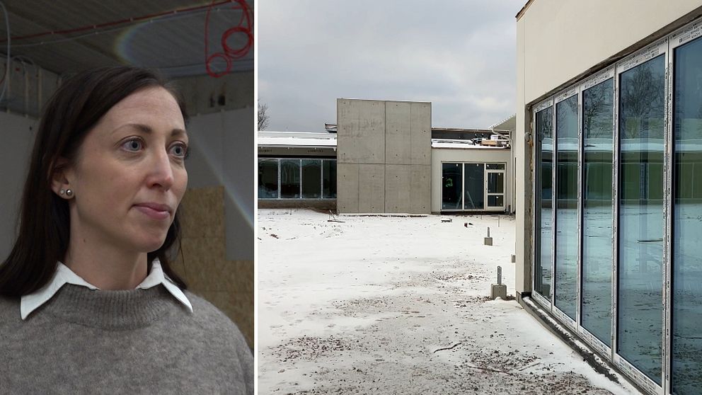 Erika Danker står framför en av utställningshallarna i Mjellby konstmuseum. Andra bilden visar en utomhusbild på Mjellby konstmuseum med snö framför