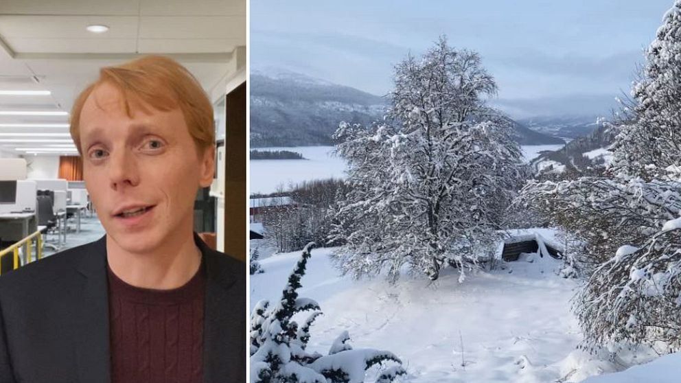 meteorologen Marcus Sjöstedt – en ung rödhårig man – och en vinterbild med snöiga träd framför fjällvy