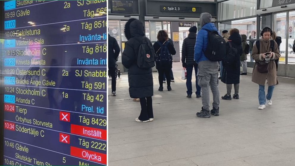 Tvådelad bild. Vänster: tågtavla med inställda tåg. Höger: väntande resenärer i station.